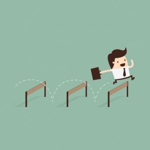 A man with a tie does an obstacle course